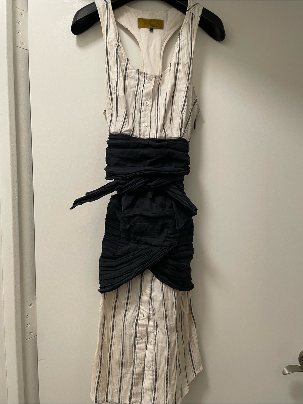 Nicole Miller Striped White and Black Sleeveless Midi Dress with Waist Wrap